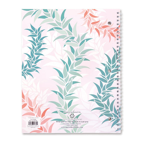 Back of a spiral notebook with a pink background and Hawaii lei leaves
