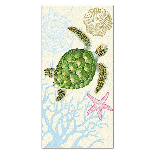 Beach towel featuring a Honu Voyage design, showcasing colorful sea turtles and tropical elements, perfect for beach outings and relaxation.