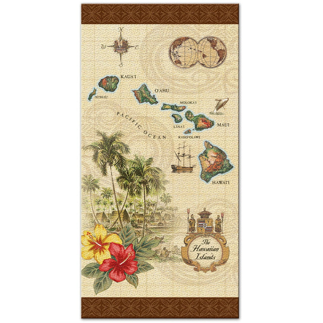 Beach towel with a tan design featuring the Islands of Hawaii, showcasing detailed illustrations of the islands and tropical elements, perfect for beach use.