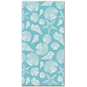 Beach towel featuring a teal design adorned with various seashells, showcasing vibrant colors and a beach-inspired theme, perfect for seaside relaxation.