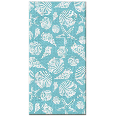 Beach towel featuring a teal design adorned with various seashells, showcasing vibrant colors and a beach-inspired theme, perfect for seaside relaxation.