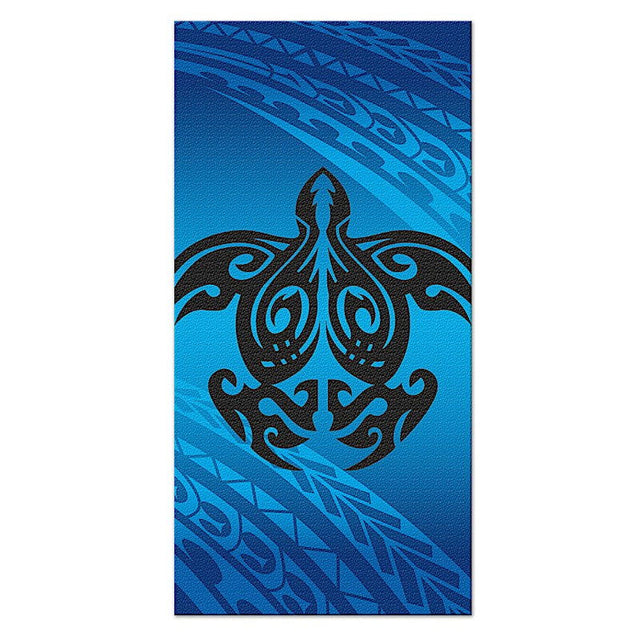 Beach towel featuring a Tribal Honu design, showcasing intricate tribal patterns of sea turtles, perfect for beach days and relaxation.