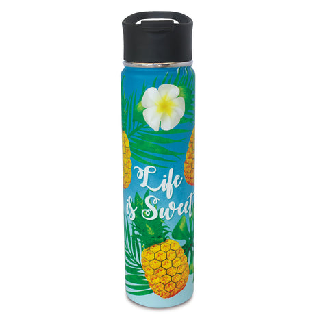 A stainless steel flask with a tropical design, featuring pineapples and palm leaves, and the text 'Life Is Sweet'.