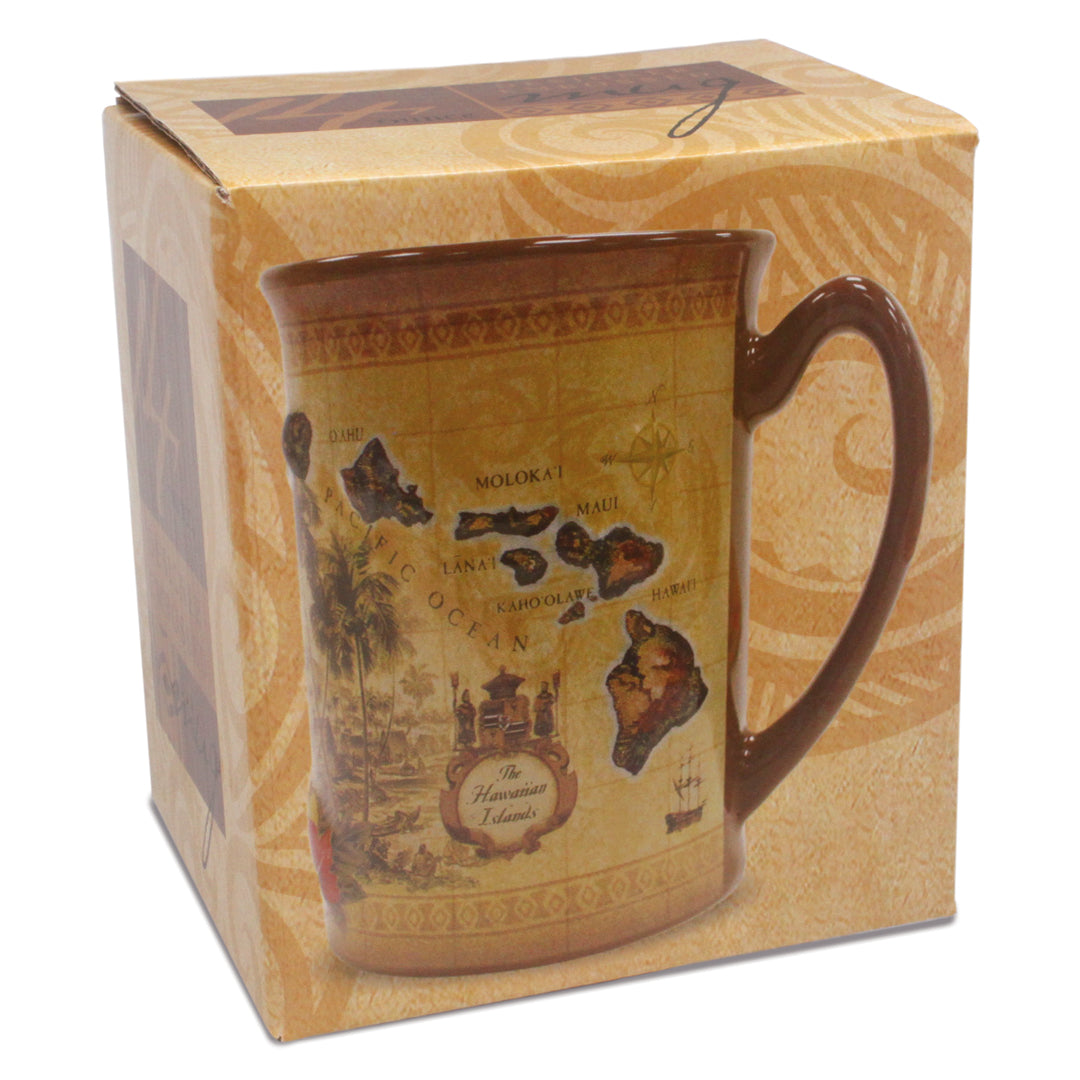 A box packaging a Hawaii islands map brown mug