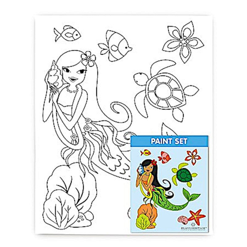 Canvas and paint set featuring an Island Hula Mermaids design, providing a creative kit for painting vibrant tropical scenes with mermaids.