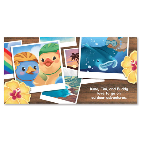 A page in a children's book with illustrations of duck friends