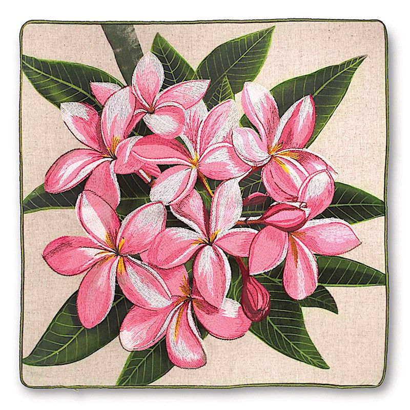 Cotton linen 18x18 pillow cover featuring a Pink Plumeria design, showcasing vibrant tropical floral patterns, perfect for adding a touch of island style to your decor.