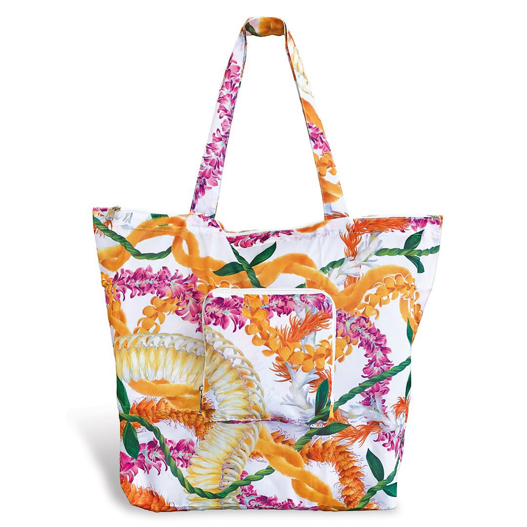 Deluxe Foldable Tote with vibrant Leis of Aloha design, perfect for carrying essentials.