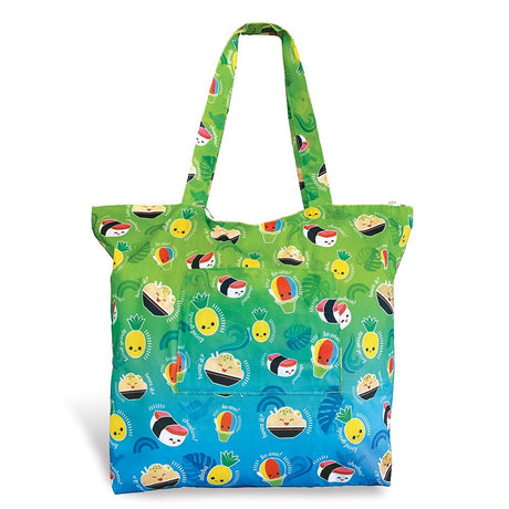 Compact and reusable foldable tote bag with a fun Local Grindz pattern, ideal for eco-friendly shopping.