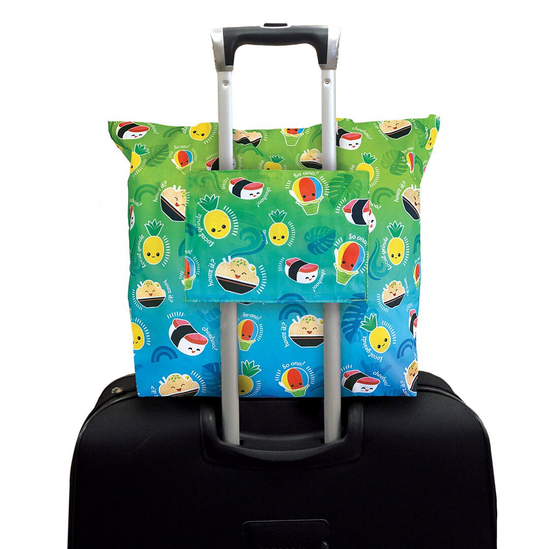 Durable foldable tote bag in Local Grindz design, combining convenience and a playful touch of Hawaiian culture.