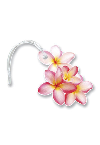 Die cut ID tag shaped like a plumeria flower, showcasing bright colors and intricate details, ideal for personalizing bags or belongings.