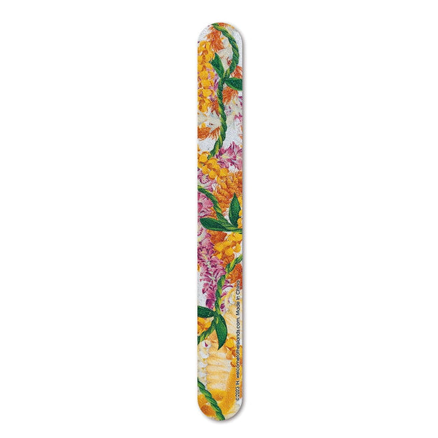 Colorful emery board featuring a tropical floral design, perfect for shaping and smoothing nails.