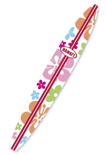 Emery board shaped like a surfboard, featuring a Flower Power design with colorful floral patterns and Hawaiian motifs, ideal for nail care.