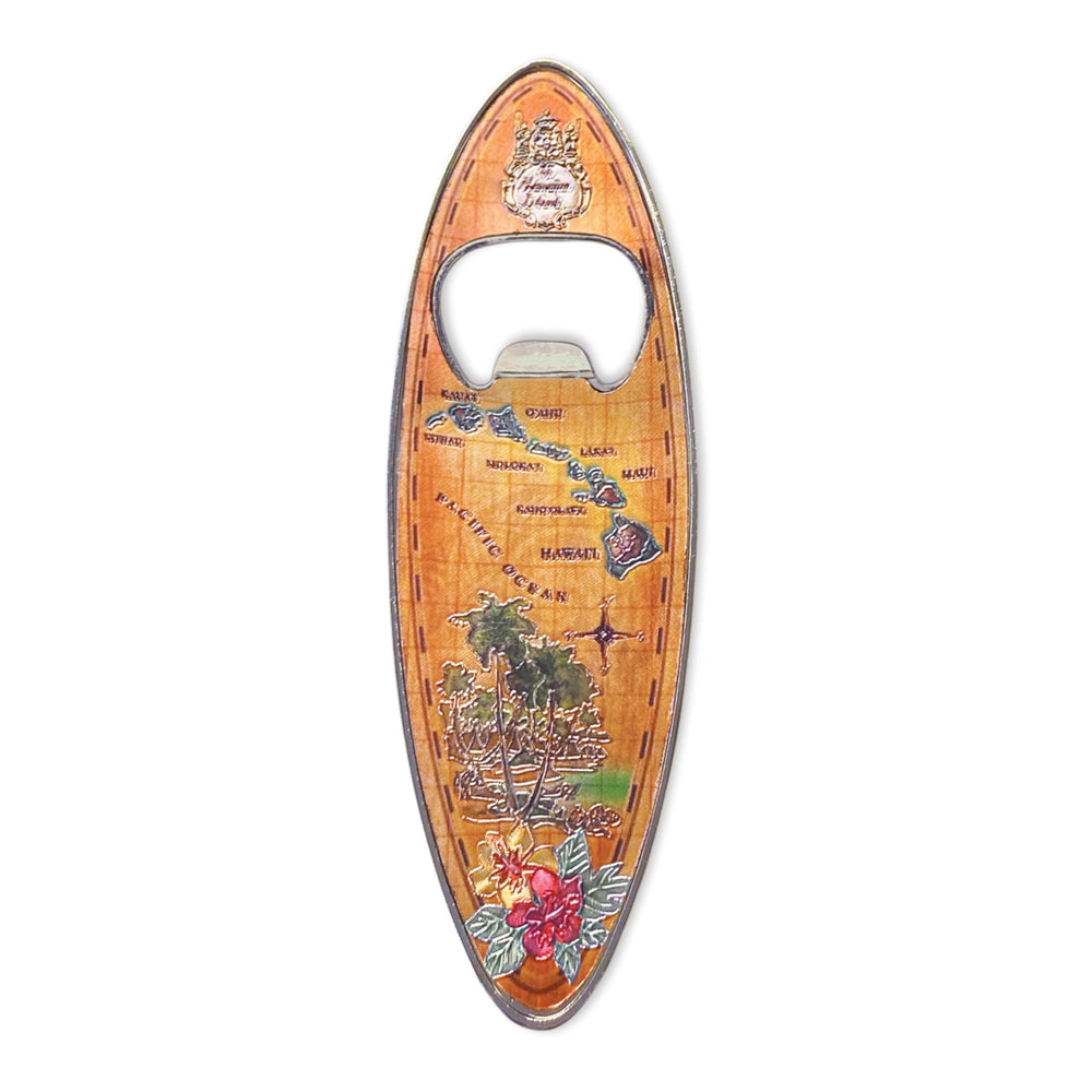 Islands of Hawai‘i foil bottle opener magnet with vibrant tropical design and strong magnet for kitchen or bar use.