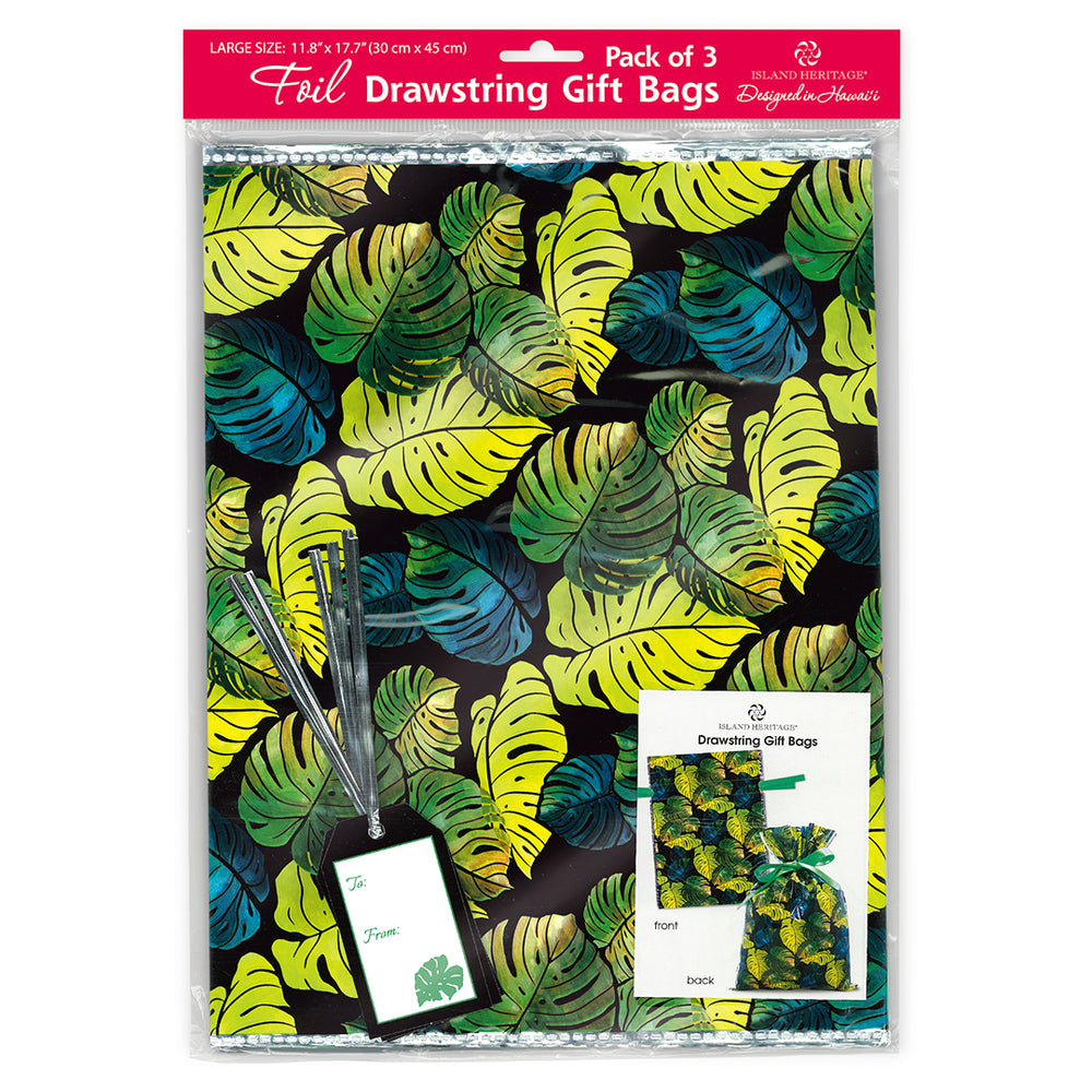 Foil Drawstring Gift Bags Large 3 pack, Monstera Black