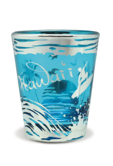 Stylish foil shot glass featuring a sleek surf silhouette design, perfect for beach lovers.