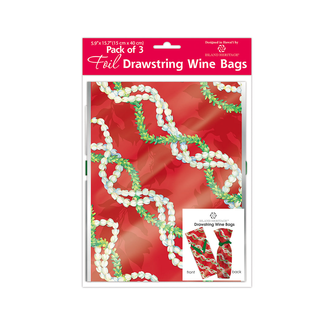 Red floral lei foil draw string wine bag packaged