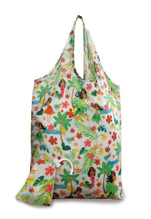 Foldable tote bag featuring the Island Hula Honeys design, showcasing colorful hula dancers and tropical motifs, ideal for convenient and stylish carrying.