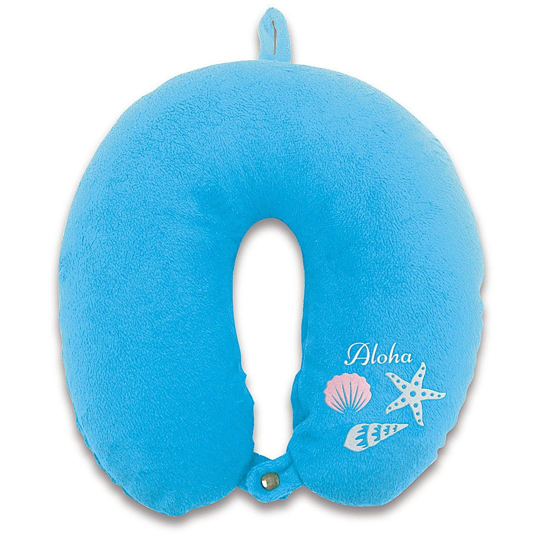The front of a blue aloha shells Hawaii neck pillow