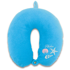 The front of a blue aloha shells Hawaii neck pillow
