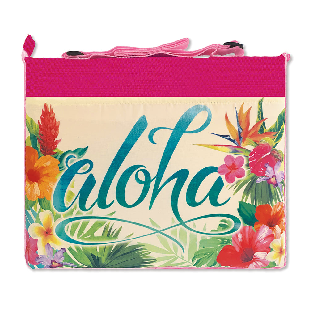 Front of a folded pink aloha floral beach mat