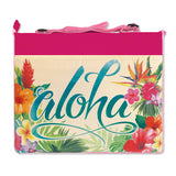Front of a folded pink aloha floral beach mat