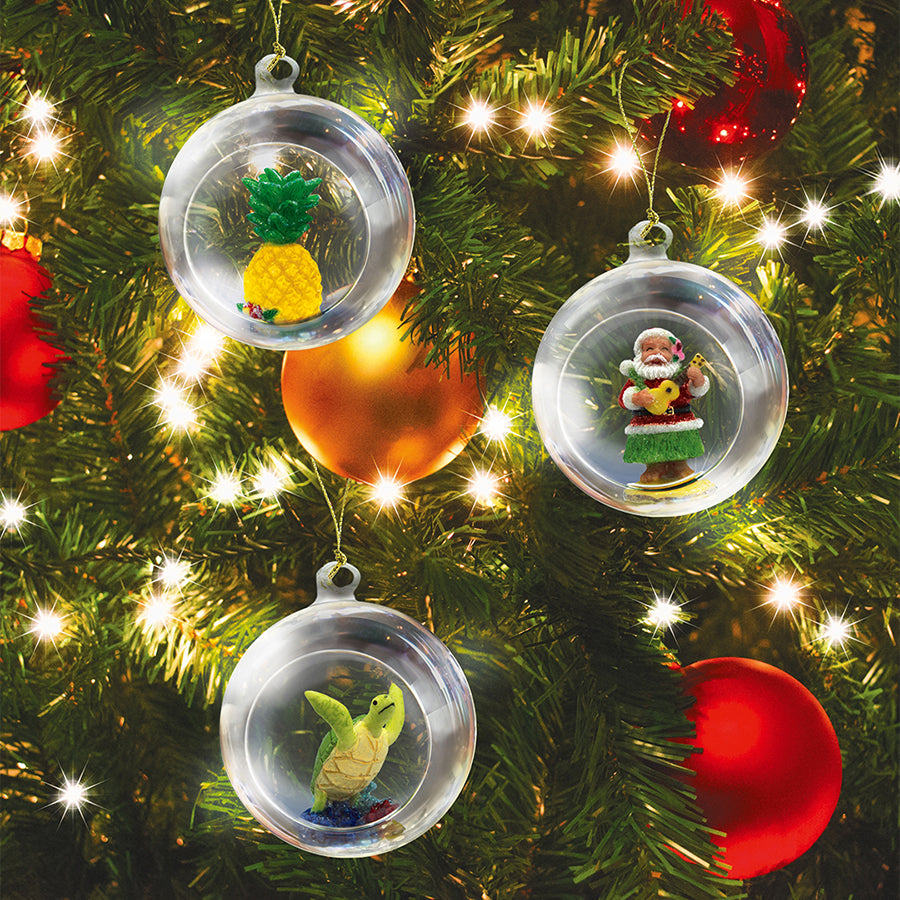 Glass Globe Ornament, Ukulele Santa, honu and pineapple