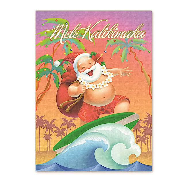 Greeting card featuring Santa's Jolly Wave design, depicting Santa Claus joyfully riding a wave in a tropical beach setting, perfect for holiday greetings.