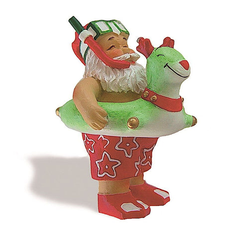 Holiday ornament depicting Beach Bound Santa, featuring Santa Claus with beach gear, ready for a fun-filled day in a sunny coastal setting.