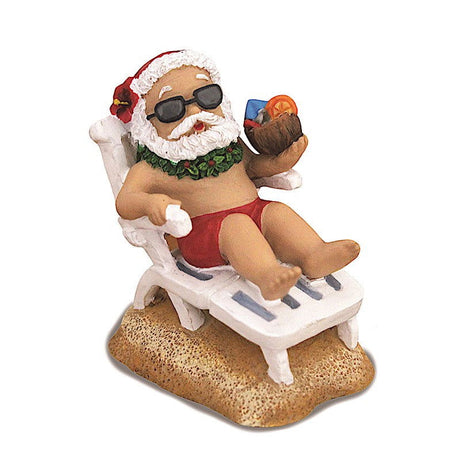 Holiday ornament featuring Beach Chair Santa, depicting Santa Claus relaxing in a beach chair with tropical elements, capturing a fun coastal holiday vibe.