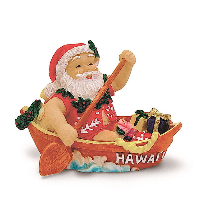 Holiday ornament depicting Canoeing Santa, featuring Santa Claus joyfully canoeing in a serene water scene surrounded by festive decorations.