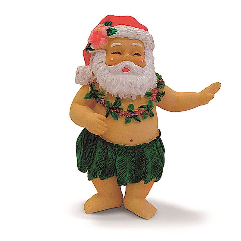 Holiday ornament featuring Hula Santa, showing Santa Claus in a festive hula dance, blending Christmas cheer with Hawaiian culture.