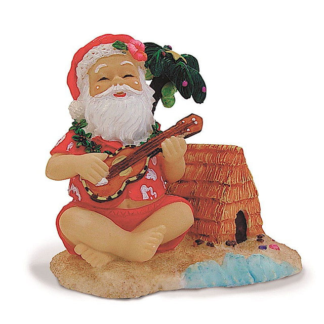 Holiday ornament depicting Santa Claus relaxing on the beach, embracing a tropical holiday theme with a fun, coastal twist.