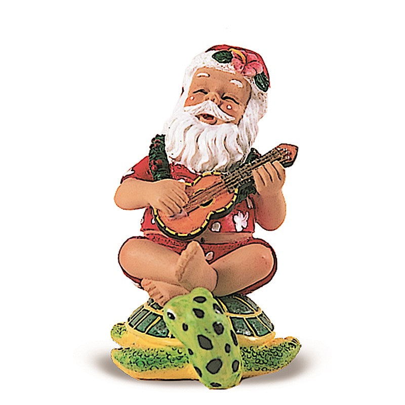 Holiday ornament featuring Strumming Santa riding on a honu (sea turtle), with Santa playing a musical instrument in a tropical, festive setting.