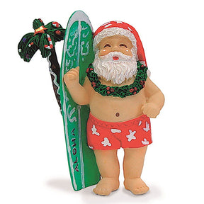 Holiday ornament featuring Surfboard Santa, showcasing Santa Claus holding a surfboard, combining Christmas spirit with a tropical beach vibe.
