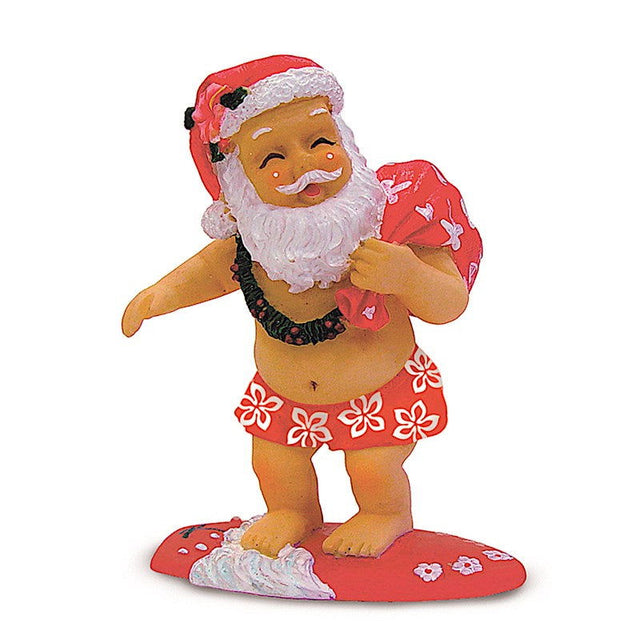 Holiday ornament featuring Surfing Santa, showcasing Santa Claus riding a wave on a surfboard in a vibrant, tropical beach setting.