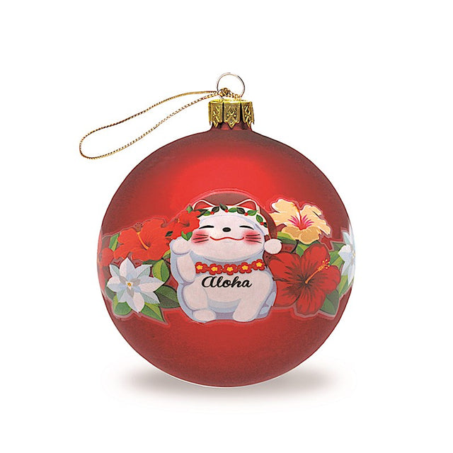 Hand Painted Glass Ornament, Holiday Lucky Cat