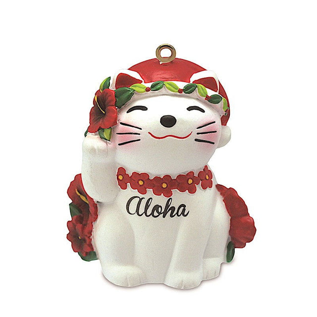 Hand-painted ornament featuring a Holiday Lucky Cat design, showcasing a festive cat with vibrant colors, perfect for adding charm to holiday decorations.