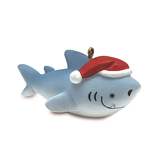 Hand-painted ornament featuring a Mele Shark design, showcasing a festive shark with vibrant colors, perfect for adding a playful touch to holiday decor.