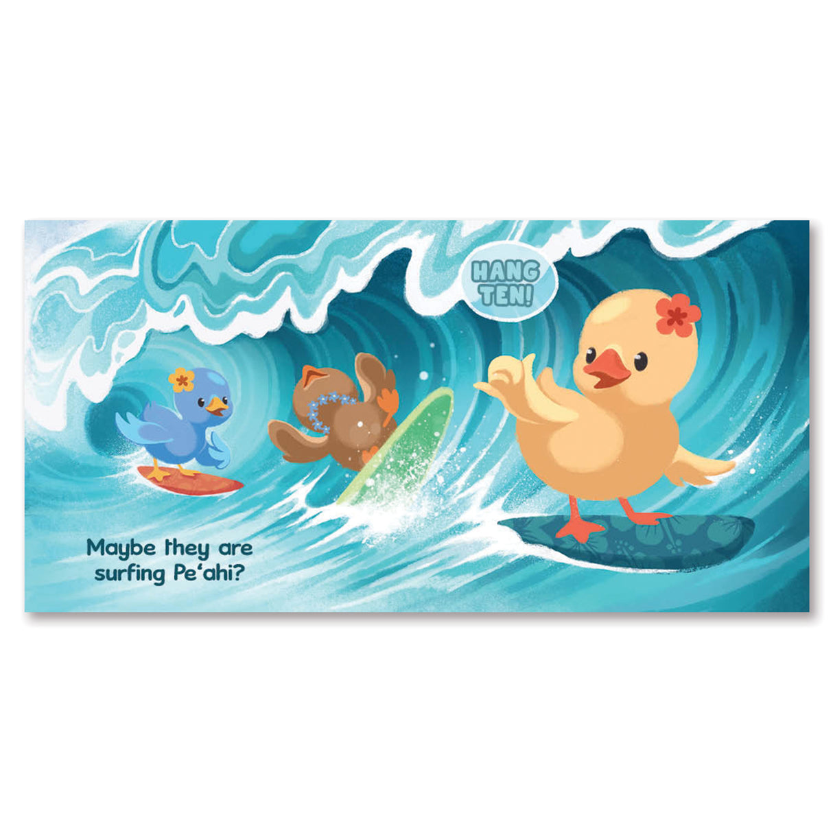 A children's illustration of three ducks surfing 