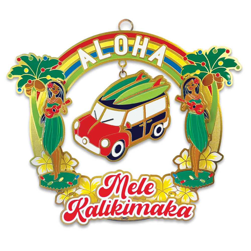 Decorative ornament with hula dancers, a car with surfboards, and 'Aloha Mele Kalikimaka' text on a white background.