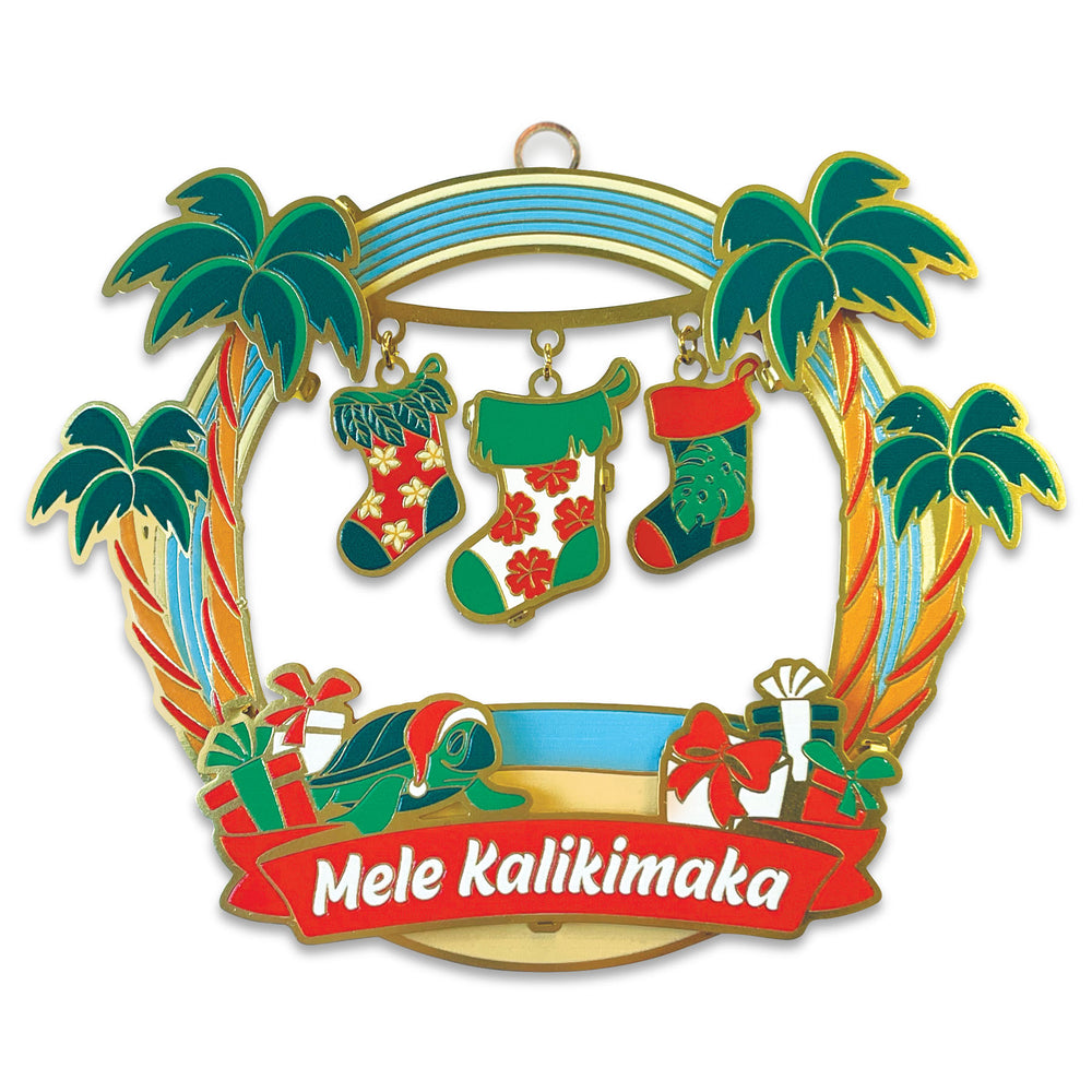 Decorative ornament with palm trees, Christmas stockings, and presents against a white background.