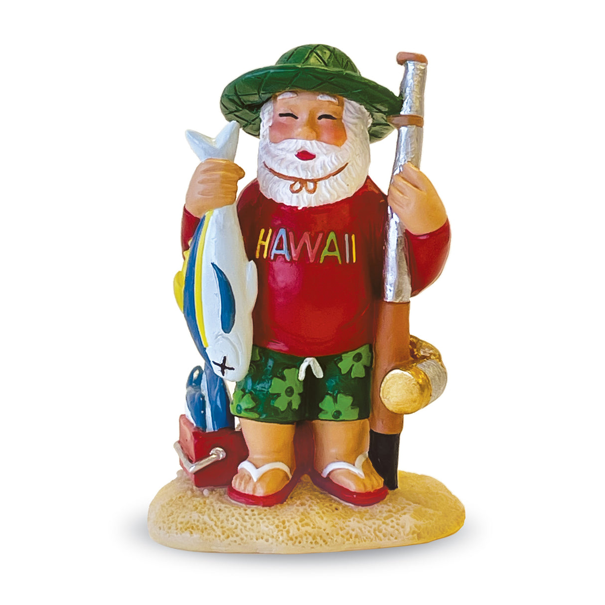Colorful figurine of a character holding a fish, with 'HAWAII' text on a white background.
