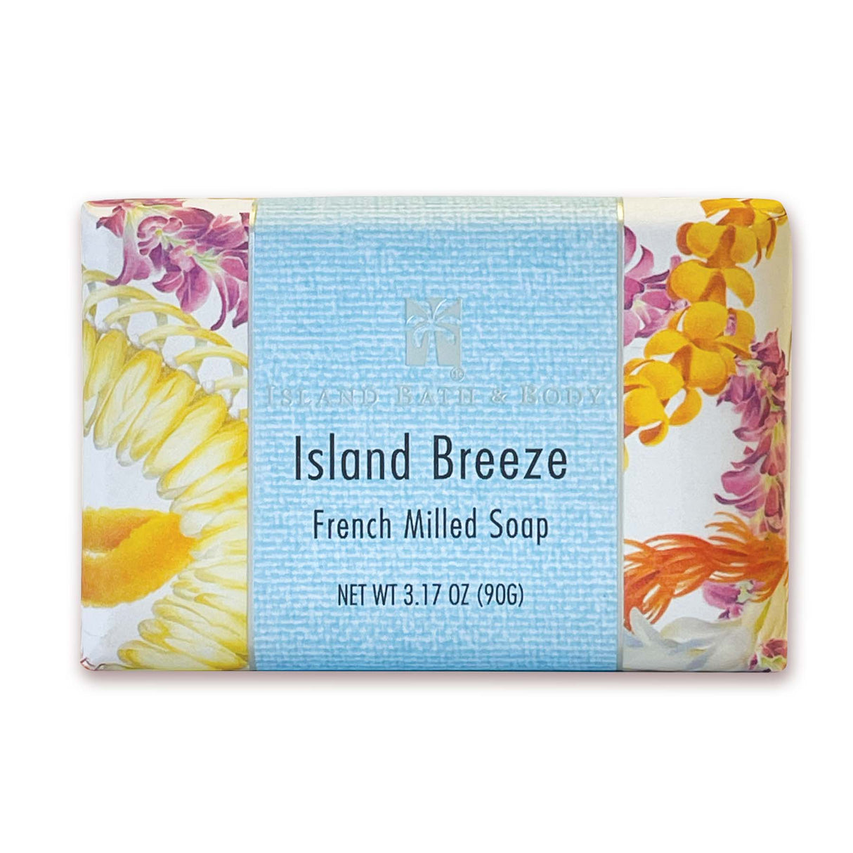 Bar of soap with 'Island Breeze' packaging featuring floral designs on a white background