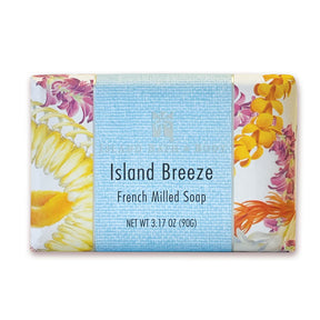 Bar of soap with 'Island Breeze' packaging featuring floral designs on a white background