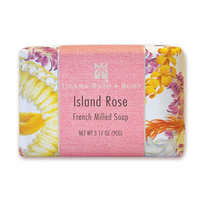 Bar of soap with floral design and 'Island Bath & Body' branding on a white background