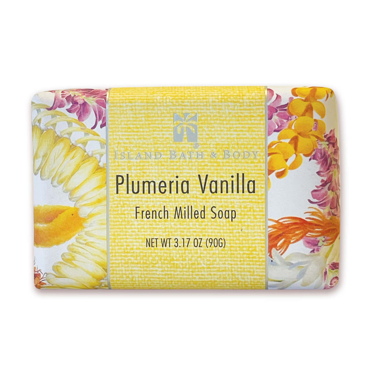 Plumeria Vanilla French Milled Soap with floral design on Island Bath & Body packaging