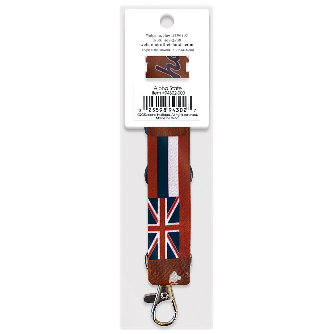 The back of a Hawaii flag themed packaged lanyard