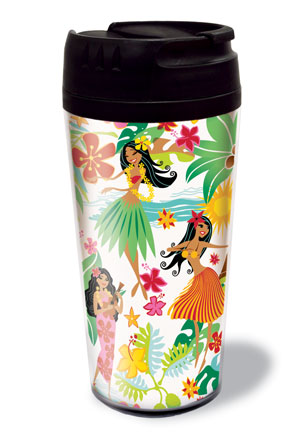 A colorful thermal tumbler with a Hawaiian theme, featuring illustrations of hula dancers and tropical flowers, and a black locking lid.