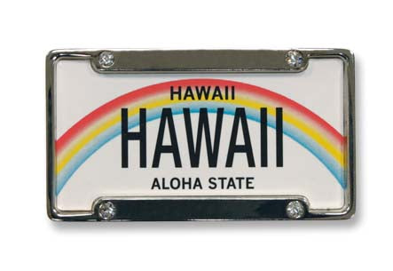 A decorative metal magnet shaped like a Hawaii license plate with a colorful design and rhinestones.